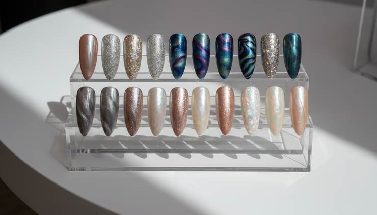Close-up view of shimmering nail tips displayed on a clear acrylic tier.