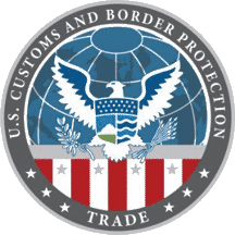 Seal of the United State Customs and Border Protection's Office of Trade in red, white, and blue with a gray border.