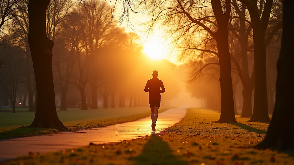 High angle view of a person jogging in a park at dusk