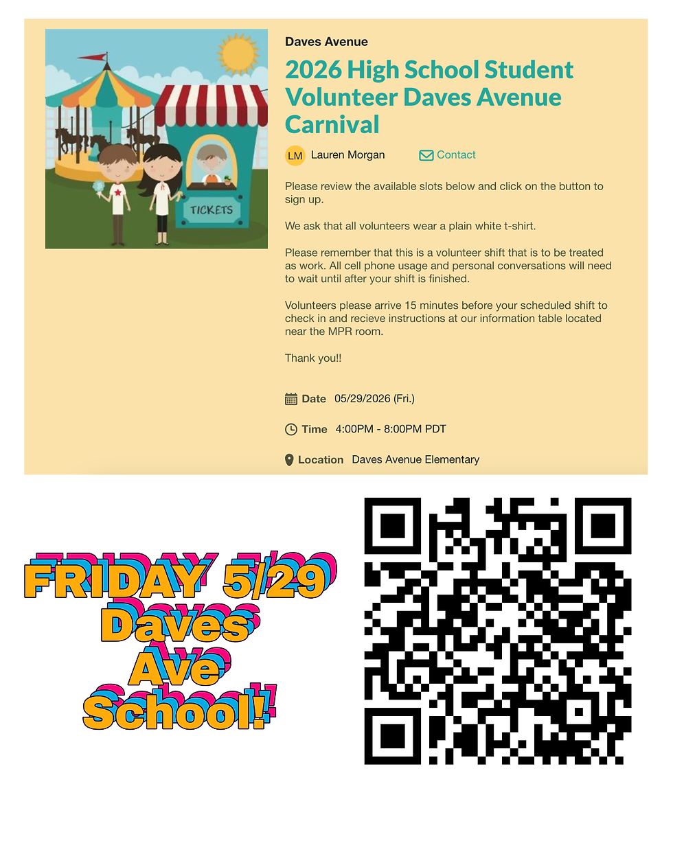 High School Student Volunteer Daves Avenue Carnival 5/29/2026