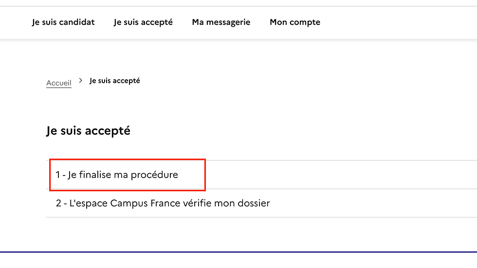 Step 3 - "I am accepted" page showing "1 - I finalize my procedure".