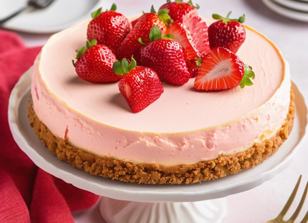 strawberry cheesecake on a cake platter.jpg