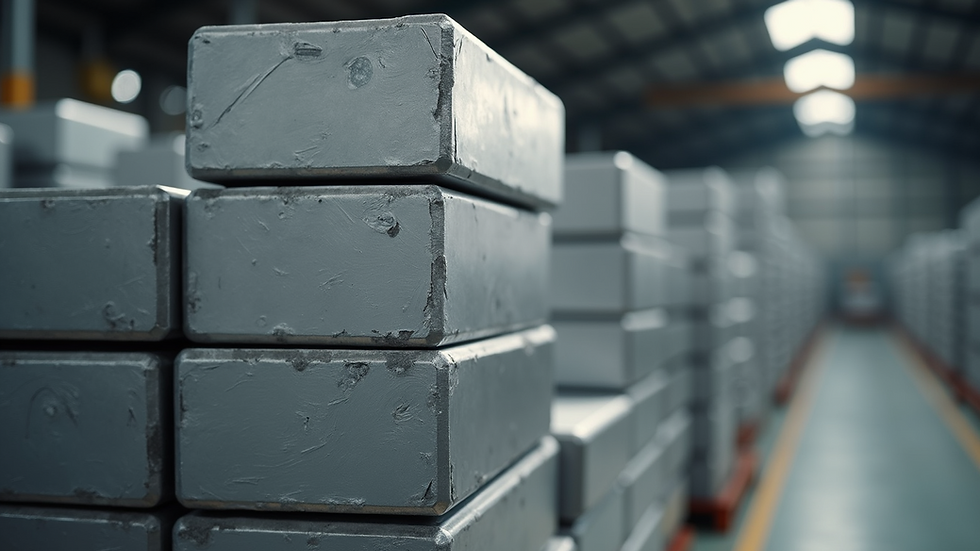 Close-up view of aluminium blocks stacked in a warehouse
