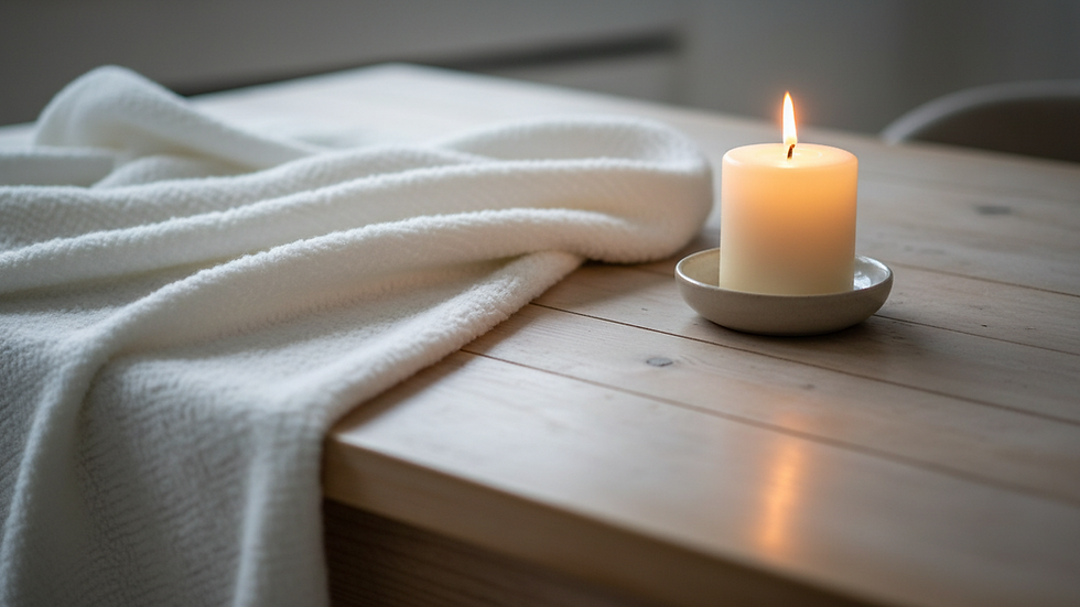 Close-up view of a soft blanket and a lit candle on a wooden table