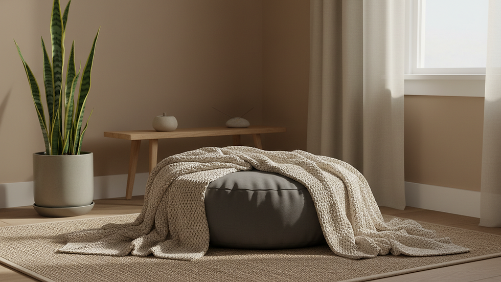 Eye-level view of a cozy corner with a meditation cushion and soft blanket