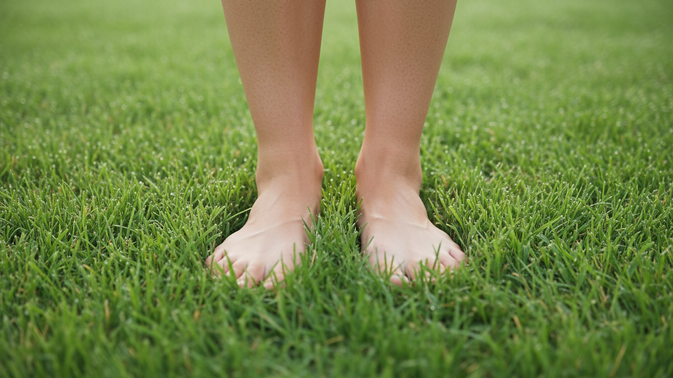Close-up view of a person’s feet grounding on soft grass