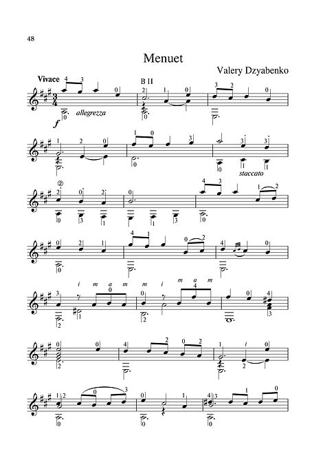 Sheet music. Composer V. Dzyabenko. Minuet for classical guitar. Page 48.Noten. Komponist V. Dzyabenko. Menuett für klassische Gitarre. Seite 48.Partituras, compositor V. Dzyabenko, minueto para guitarra clássica. P. 48.Spartito, compositore V. Dzyabenko, Minuetto per chitarra classica. Pagina 48.Partition Compositeur V. Dzyabenko Menuet pour guitare classique. Page 48.Noter, kompositör V. Dzyabenko. Minuet för klassisk gitarr. Sida 48.Noter. Komponist V. Dzyabenko. Minuet for klassisk gitar. Side 48.Μουσική σεντόνι. Συνθέτης V. Dzyabenko. Minuet για κλασική κιθάρα. Σελίδα 48.Ноти. Композитор В. Дзябенко. Минут за класическа китара. Страница 48.Partituri. Compozitor V. Dzyabenko. Minuet pentru chitară clasică. Pagina 48.Kotta: Zeneszerző V. Dzyabenko, Minuet klasszikus gitárra. 48. oldal.Notalar, besteci V. Dzyabenko, klasik gitar için minuet. Sayfa 48.Nodehæfter. Komponist V. Dzyabenko. Minuet til klassisk guitar. Side 48.乐谱,作曲家V. Dzyabenko。古典吉他的Minuet。 第48页。