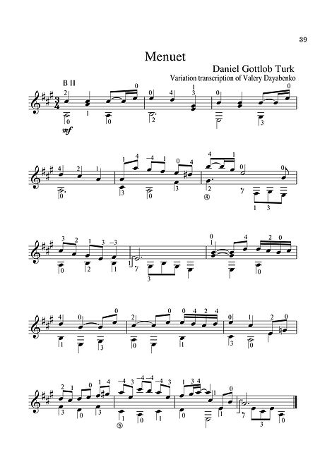 Sheet music.Composer D.G.Turk.Menuet.Arrangement for classical guitar. Page 39.Noten. Komponist D. G. Turk. Menü. Arrangement für klassische Gitarre. Seite 39.Partituras, compositor D.G. Turk, Menuet, arranjo para guitarra clássica. P. 39.Partituras Compositor D.G. Turk. Menuet. Arreglo para guitarra clásica. Página 39.Bileog cheoil. Cumadóir D.G. Turk. Roghchlár. Socrú don ghiotár clasaiceach. Leathanach 39.Partition Compositeur D.G. Turk Menuet Arrangement pour guitare classique. Page 39.Noter, Kompositör D.G. Turk, Menuet. Arrangemang för klassisk gitarr. Sida 39.Bladmuziek Componist D.G. Turk Menuet Arrangement voor klassieke gitaar. Blz.39.Kotta: Zeneszerző D. G. Turk., Menet: Klasszikus gitár hangszere. 39. oldal.Ноти. Композиторът Д. Г. Тюрк. Менюет. Аранжимент за класическа китара. Страница 39.Notalar, Besteci D.G., Menuet, Klasik gitar için düzenleme. Sayfa 39.