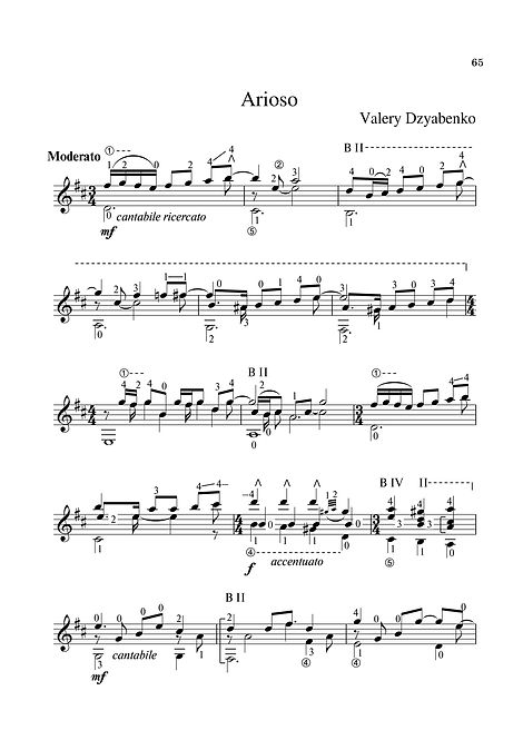 Sheet music. Composer V. Dzyabenko. Arioso in D major for classical guitar. Page 65.Noten. Komponist V. Dzyabenko. Arioso in D-Dur für klassische Gitarre. Seite 65.Partituras, compositor V. Dzyabenko. Arioso em D maior para violão clássico. P. 65.Spartito Compositore V. Dzyabenko. Arioso in re maggiore per chitarra classica. Pagina 65.Bileog cheoil. Cumadóir V. Dzyabenko. Arioso in D major don ghiotár clasaiceach. Leathanach 65.Noder Komponist V. Dzyabenko. Arioso i D-dur til klassisk guitar. Side 65.Partition Compositeur V. Dzyabenko. Arioso en ré majeur pour guitare classique. Page 65.翻訳:作曲家V.ジャベンコ。 アリオソクラシックギターのニ長調。 65ページ乐谱,作曲家V. Dzyabenko。 D大调的Arioso古典吉他手。 第65页。Ноти. Композиторът В. Дзябенко. Ариосо в мажор за класическа китара. Страница 65.Παρτιτούρα, συνθέτης V. Dzyabenko. Το Arioso στο D major για την κλασική κιθάρα. Σελίδα 65.Digitale instrumenter. Komponist V. Dzyabenko. Arioso i D-dur for klassisk gitar. Side 65.