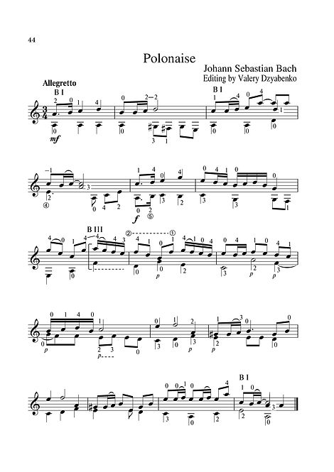 Sheet music. Composer I.S. Bach. Polonaise. Arrangement for classical guitar. Page 44.Noten. Komponist I. S. Bach. Polonaise. Arrangement für klassische Gitarre. Seite 44.Compositor I.S. Bach Polonaise Arranjo para guitarra clássica. P. 44.Spartito, compositore I.S. Bach Polonaise, arrangiamento per chitarra classica. Pagina 44.Partition. Compositeur I.S. Bach. Polonaise. Arrangement pour guitare classique. Page 44.Nodehæfter Komponist I.S. Bach. Polonaise. Arrangement til klassisk guitar. Side 44.Bileog cheoil. Cumadóir I.S. Bach. Polonaise. Socrú don ghiotár clasaiceach. Leathanach 44.Noter. Komponist I.S. Bach. Polonaise. Arrangement for klassisk gitar. Side 44.Notalar, Besteci I. Bach Bach, Polonaise, Klasik gitar için aranjman. Sayfa 44.Ноти. Композитор I. S. Бах. Полонез. Аранжимент за класическа китара. Страница 44.翻訳:作曲家I.S.バッハ。ポロネーズ。クラシックギターのためのアレンジ。 44ページ乐谱,作曲家I.S. Bach。Polonaise,古典吉他的编曲。 第44页。Nuty Kompozytor I.S. Bach. Polonez Aranżacja na gitarę klasyczną. Str. 44.