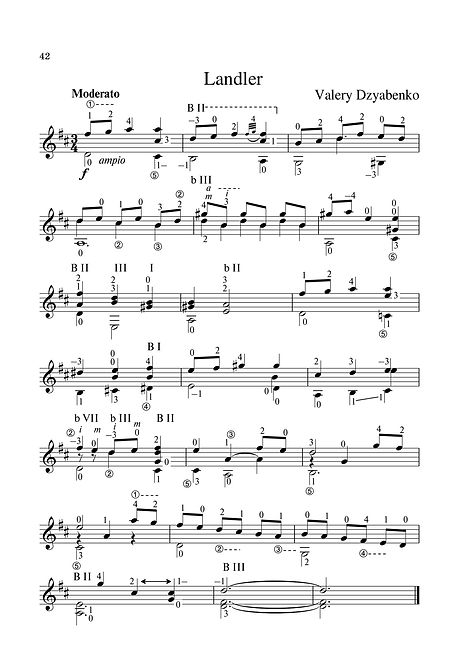 Sheet music. Composer V. Dzyabenko. Landler. Piece for classical guitar. Page 42.Noten. Komponist V. Dzyabenko. Landler. Stück für klassische Gitarre. Seite 42.Partituras, compositor V. Dzyabenko, Lendler, peça para guitarra clássica. P. 42.Spartito, compositore V. Dzyabenko, Landler, pezzo per chitarra classica. Pagina 42.Partition V. Compositeur V. Dzyabenko Landler Pièce pour guitare classique. Page 42.Bileog cheoil. Cumadóir V. Dzyabenko. Landler. Píosa don ghiotár clasaiceach. Leathanach 42.Noder. Komponist V. Dzyabenko. Landler. Stykke til klassisk guitar. Side 42.Noter, Kompositör V. Dzyabenko, Lendler. Stycke för klassisk gitarr. Sida 42.Noty, skladatel V. Dzyabenko, Lendler, kousek pro klasickou kytaru. Strana 42.乐谱,作曲家V. Dzyabenko。Landler。古典吉他乐曲。 第42页。Ноти. Композитор В. Дзябенко. Лендър. Парче за класическа китара. Страница 42.Нота, композитор В. Диабенко, Ландлер, комад за класичну гитару. Паге 42.Tónleikar. Tónskáld V. Dzyabenko. Lendler. Verk fyrir klassískan gítar. Bls.