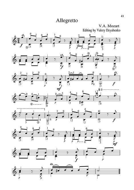 Sheet music. Composer V.A. Mozart. Allegretto. Arrangement for classical guitar. Page 41.Noten. Komponist V.A. Mozart. Allegretto. Arrangement für klassische Gitarre. Seite 41.Partituras, compositor V.A. Mozart, Allegretto, arranjo para guitarra clássica. P. 41.Spartito, compositore V.A. Mozart, allegretto, arrangiamento per chitarra classica. Pagina 41.Partition. Compositeur V.A. Mozart. Allegretto. Arrangement pour guitare classique. Page 41.Bileog cheoil. Cumadóir V.A. Mozart. Allegretto. Socrú don ghiotár clasaiceach. Leathanach 41.Noter. Kompositör V.A. Mozart. Allegretto. Arrangemang för klassisk gitarr. Sida 41.Bladmuziek Componist V.A. Mozart Allegretto Arrangement voor klassieke gitaar. Blz.41.Μουσική σεντόνι. Συνθέτης V.A. Μότσαρτ. Allegretto. Ρύθμιση για κλασική κιθάρα. Σελίδα 41.Ноти. Композитор В. А. Моцарт. Алегрето. Аранжимент за класическа китара. Страница 41.活页乐谱,作曲家V.A.莫扎特,阿勒格列托,古典吉他的编曲。 页41。Notalar, besteci V.A. Mozart, Allegretto, klasik gitar aranjmanı. Sayfa 41.