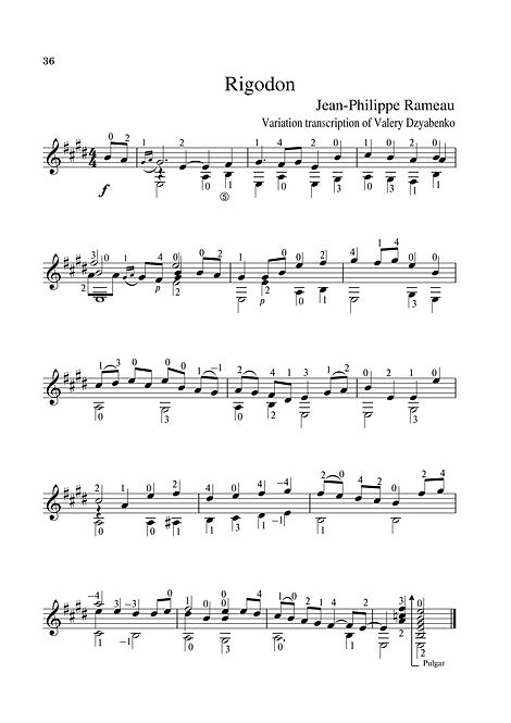 Sheet music. Composer J.F. Rameau. Rigaudon in E Major. Arrangement for guitar. Page 36.Noten. Der Komponist J. F. Rameau. Rigaudon in E-Dur. Arrangement für Gitarre. Seite 36.Partitura. Compositor J.F. Rameau, Rigaudon em Mi maior. Arranjo para violão. P. 36.Partitura. Compositor J.F. Rameau, Rigaudon en mi mayor. Arreglo para guitarra. Página 36.Spartito. Compositore J.F. Rameau, Rigaudon in mi maggiore. Arrangiamento per chitarra. Pagina 36.Bileog cheoil. Cumadóir J.F. Rameau. Rigaudon in E Major. Socrú don ghiotár. Leathanach 36.Nodeblad. Komponist J.F. Rameau Rigaudon i E-dur. Arrangement til guitar. Side 36.Partition. Compositeur J.F. Rameau, Rigaudon en mi majeur. Arrangement pour guitare. Page 36.Noter. Kompositör J.F. Rameau Rigaudon i E-major. Arrangemang för gitarr. Sida 36.Nota. Besteci J.F. Rameau, Rigaudon, E Major. Gitar için düzenleme. Sayfa 36.Kotta. Zeneszerző J. F. Rameau, Rigaudon az E-dúrban. Elrendezés a gitárhoz. 36. oldal.