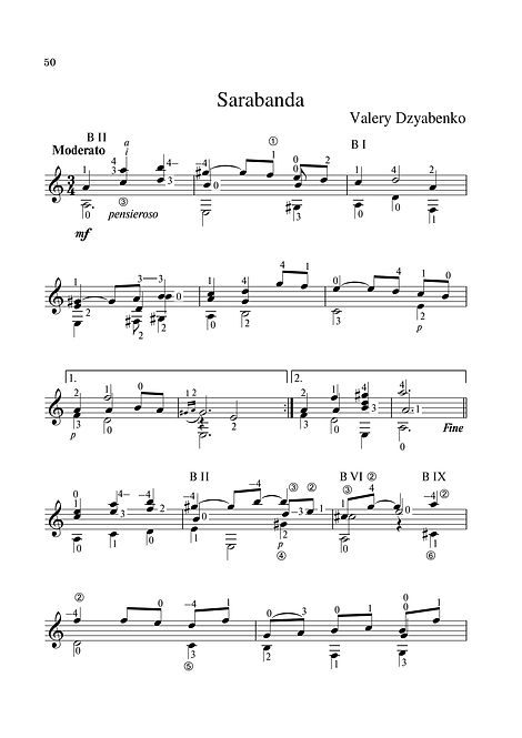 Sheet music. Composer V. Dzyabenko. Sarabande for classical guitar. Page 50.Noten. Komponist V. Dzyabenko. Sarabande für klassische Gitarre. Seite 50.Partituras, compositor V. Dzyabenko, Sarabande para guitarra clássica. P. 50.Spartito, compositore V. Dzyabenko, Sarabande per chitarra classica. Pagina 50.Partition Compositeur V. Dzyabenko Sarabande pour guitare classique. Page 50.Noter, kompositör V. Dzyabenko, Sarabande för klassisk gitarr. Sida 50.Noty, skladatel V. Dzyabenko, Sarabande pro klasickou kytaru. Strana 50.Bladmuziek Componist V. Dzyabenko Sarabande voor klassieke gitaar. Blz.50.Bileog cheoil. Cumadóir V. Dzyabenko. Sarabande don ghiotár clasaiceach. Leathanach 50.Ноти. Композиторът В. Дзябенко. Сарабанде за класическа китара. Страница 50.Μουσική σεντόνι. Συνθέτης V. Dzyabenko. Sarabande για κλασική κιθάρα. Σελίδα 50.Notalar, besteci V. Dzyabenko, klasik gitar için Sarabande. Sayfa 50.翻訳:作曲家V. Dzyabenko。クラシックギターのためのサラバンド。 50ページ
