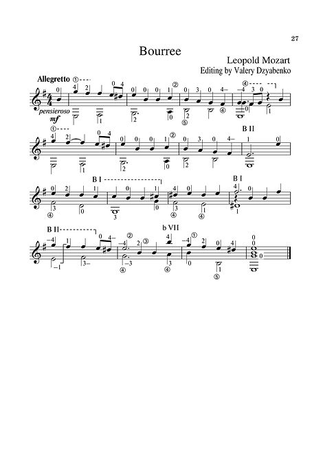 Sheet music. Composer L. Mozart. Bourrée in E minor. Arrangement for guitar. - Page 27.Noten. Komponist L. Mozart. Bourrée in e-Moll. Arrangement für Gitarre. - Seite 27.Partitura. Compositor L. Mozart. Bourrée em Mi menor. Arranjo para violão. - Página 27.Partitura. Compositor L. Mozart. Bourrée en mi menor. Arreglo para guitarra. - Página 27.Spartito. Compositore L. Mozart. Bourrée in mi minore. Arrangiamento per chitarra. - Pagina 27.Bileog cheoil. Cumadóir L. Mozart. Bourrée in E mion. Socrú don ghiotár. - Leathanach 27.Nodeblad. Komponist L. Mozart. Bourrée i E-moll. Arrangement til guitar. - Side 27.Partition. Compositeur L. Mozart. Bourrée en mi mineur. Arrangement pour guitare. - Page 27.Nota. Besteci L. Mozart. E minör Bourrée. Gitar için düzenleme. - Sayfa 27.Noter. Kompositör L. Mozart. Bourrée i E-moll. Arrangemang för gitarr. - Sida 27.Noty. Skladatel L. Mozart. Bourrée v E moll. Uspořádání pro kytaru. - Strana 27.Нота. Композиторът Л. Моцарт. Буре в минор. Аранжимент за к