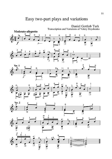 Sheetmusic.Composer D.G. Turk.Easy polyphonic piece for guitar and variation. page 11.Noten. Einfaches polyphones Stück für Gitarre und Variation. Seite 11.Partitura. Peça polifônica fácil para guitarra e variação. página 11.Partitura. Pieza polifónica fácil para guitarra y variación. página 11.Sheetmusic. Píosa polafónach éasca don ghiotár agus don athrú. lch 11.Nodeblad. Let polyfonisk stykke til guitar og variation. side 11.Partition. Pièce polyphonique facile pour guitare et variation. page 11. Lätt polyfoniskt stycke för gitarr och variation. sida 11.Noty. Snadná polyfonická skladba pro kytaru a variace. strana 11.シートミュージック。 ギターとバリエーションのための簡単なポリフォニック作品。 11ページ。Nota. Gitar ve varyasyon için kolay polifonik parça. sayfa 11.Muzyka arkuszowa. Łatwy utwór polifoniczny na gitarę i wariację. strona 11.Kotta. Könnyű többszólamú darab gitárhoz és variációhoz. 11. oldal.Лесно полифонично парче за китара и вариация. страница 11.Εύκολο πολυφωνικό κομμάτι για κιθάρα και παραλλαγές. σελίδα 11.Sp