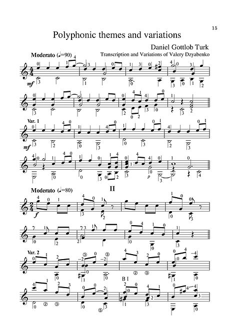 Sheetmusic. Composer D.G. Turk. Polyphonic theme and variations. Arrangement for guitar. page 15.Noten. Komponist D. G. Turk. Polyphonisches Thema und Variationen. Arrangement für Gitarre. Seite 15.Partitura. Compositor D.G. Turk. Tema polifônico e variações. Arranjo para guitarra. página 15.Partitura. Compositor D.G. Turk. Tema polifónico y variaciones. Arreglo para guitarra. página 15.Sheetmusic. Cumadóir D.G. Turk. Téama polafónach agus athruithe. Socrú don ghiotár. lch 15.Partition. Compositeur D.G. Turk. Thème polyphonique et variations. Arrangement pour guitare. page 15.Spartito. Compositore D.G. Turk. Tema polifonico e variazioni. Arrangiamento per chitarra. pagina 15.Sheetmusic. Kompositör D.G. Turk, polyfoniskt tema och variationer. Arrangemang för gitarr. sida 15.Kotta. Zeneszerző D. Turk. Polifonikus téma és variációk. 15. oldal.Nota. Besteci D.G. Türk Polifonik teması ve varyasyonları Gitar düzenleme. sayfa 15.Sheetmusic. Композитор Д. Г. Тюрк. Полифонична тема и вариации.
