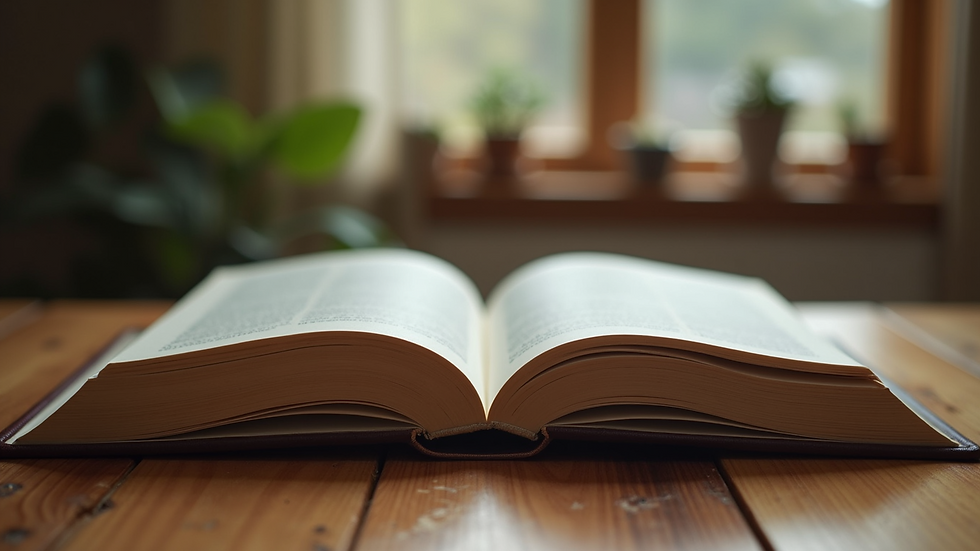 Eye-level view of an open book on a wooden table