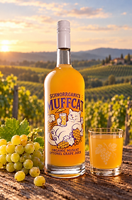 Golden grape juice beside vineyard bottle.png
