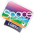A white-bordered rounded rectangle filled with rainbow stripes in eight colours: pink, darker pink, purple, indigo, cyan, mint green, grass green, and orange. ‘Space Youth Project’ is written in the box in sans-serif font. In the bottom right-hand corner is a heart in a circle. At the bottom, a smaller box with a denim texture and orange stitching has ‘LGBT+’ written on it, also in sans-serif font.