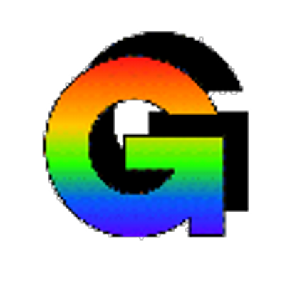 The letter G in a rainbow gradient with a black shadow