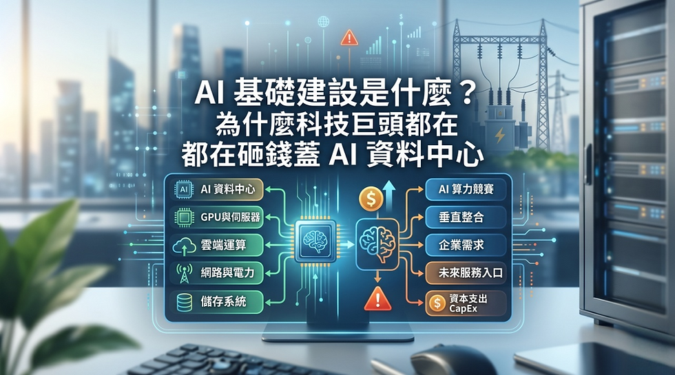 AI 基礎建設與資料中心投資動機解析圖:視覺化統整科技巨頭建置 AI 基建的 5 大硬體要素(包含 GPU 與伺服器、雲端運算、網路與電力、儲存系統),並剖析背後驅動的『算力競賽』、『未來服務入口』與高額『資本支出 (CapEx)』等商業戰略,協助投資人與產業人士快速看懂 AI 硬體戰場的核心輪廓