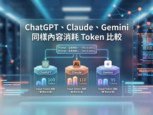 ChatGPT、Claude 與 Gemini Token 消耗實測比較:圖解輸入完全相同的 Prompt 內容時,三大 AI 平台在 Input Token 計算上的數值差異(Gemini 95、ChatGPT 100、Claude 110),協助開發者精準評估跨平台 API 成本