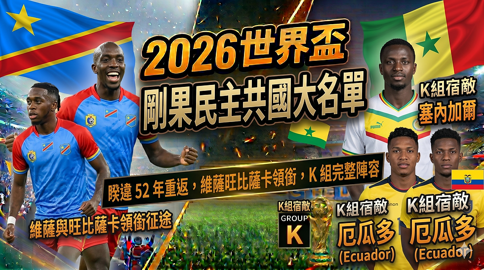 2026 世界盃剛果民主共和國隊專題封面圖，畫面以剛果民主共和國國旗、球員形象與 K 組對手塞內加爾、厄瓜多為主視覺，搭配世界盃獎盃、球場背景與熱血賽事氛圍，呈現維薩與旺比薩卡領銜剛果民主共和國睽違 52 年重返世界盃的焦點故事。