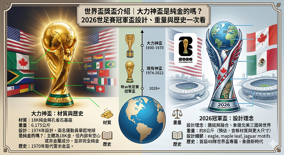世界盃獎盃介紹資訊圖,解析大力神盃材質、重量、歷史演變與 2026 世界盃冠軍盃設計概念