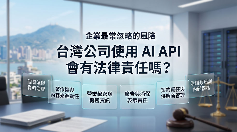 台灣企業使用 AI API 法律風險與責任解析:圖解公司導入 AI 時最常忽略的 6 大合規面向,完整列舉『個資法』、『著作權』、『營業秘密』、『消保責任』、『契約管理』與『內部稽核』,協助在地企業建立安全合法的 AI 治理政策