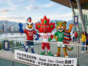 2026 世界盃三大吉祥物 Maple、Zayu、Clutch 合照,介紹加拿大、美國、墨西哥吉祥物設計與象徵意義