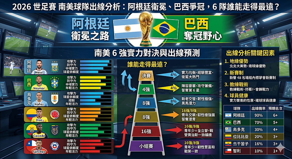 2026 世足賽南美球隊出線分析圖,整理阿根廷、巴西、烏拉圭、哥倫比亞、厄瓜多與智利的晉級機率、球隊實力與世界盃資格賽競爭形勢。
