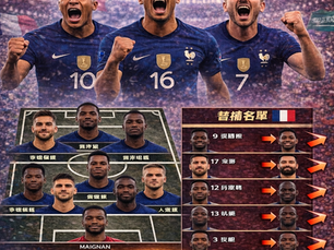 法國隊 2026 先發預測封面圖：藍白紅主色與球場燈光背景，結合法國國旗元素；下方呈現最可能先發 11 人站位圖，右側列出主要替補名單並以箭頭標示輪替競爭，標註「持續更新」
