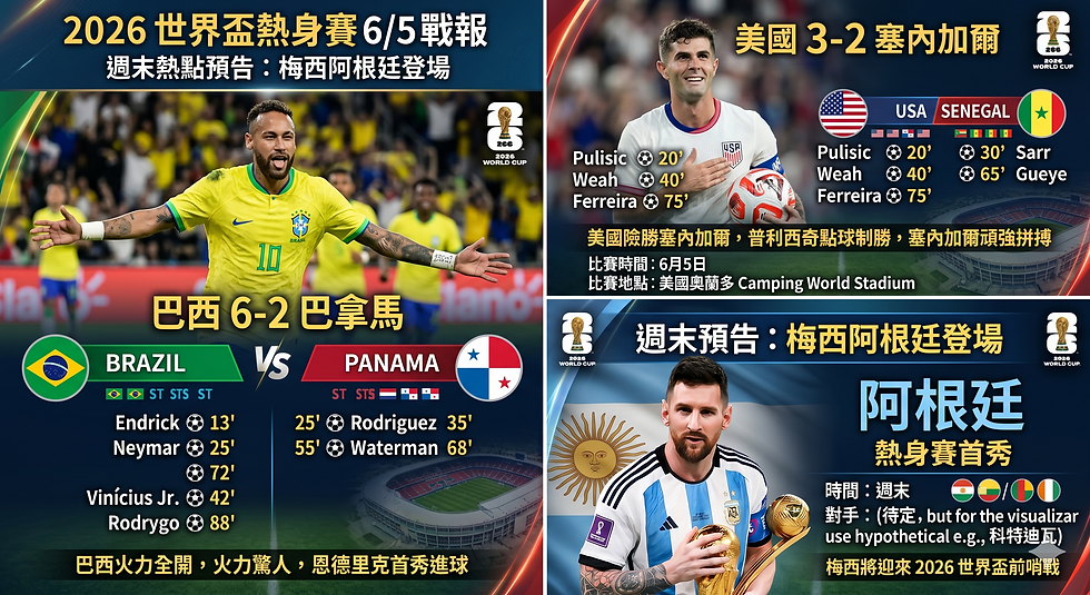 2026 世界盃熱身賽 6/5 戰報圖,整理巴西 6-2 巴拿馬、美國 3-2 塞內加爾賽果亮點,包含內馬爾、普利西奇進球表現與週末梅西阿根廷熱身賽登場看點。