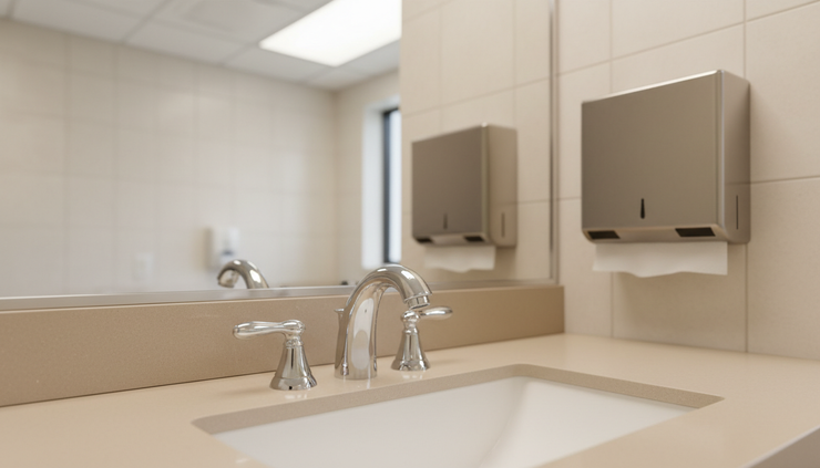 Eye-level view of a freshly cleaned restroom sink and mirror in a commercial building