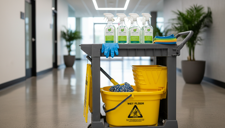 Close-up view of labeled eco friendly cleaning bottles on a janitorial cart