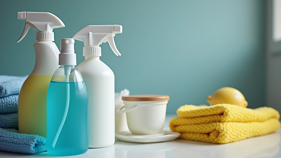 Close-up view of cleaning supplies and equipment arranged neatly
