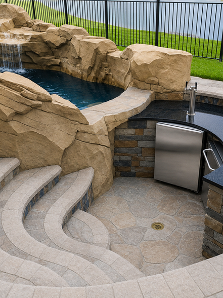 Curved steps lead to a pool with rock waterfall and outdoor bar