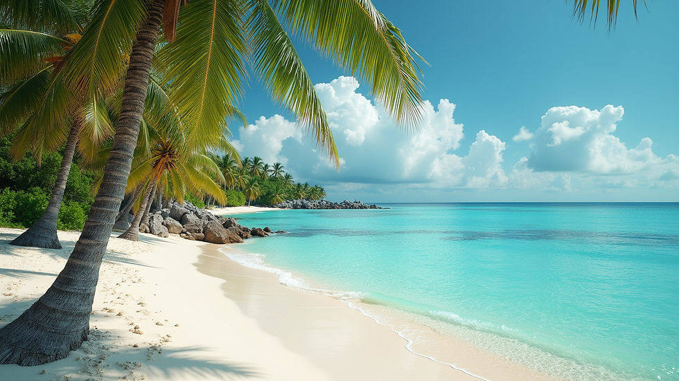 Wide angle view of a tropical beach with turquoise water and palm trees