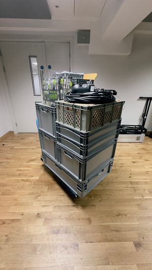 Our trolley loaded with equipment boxes containing:
5m, 10m & 15m XLR cables
Schoeps Microphones
Multicores