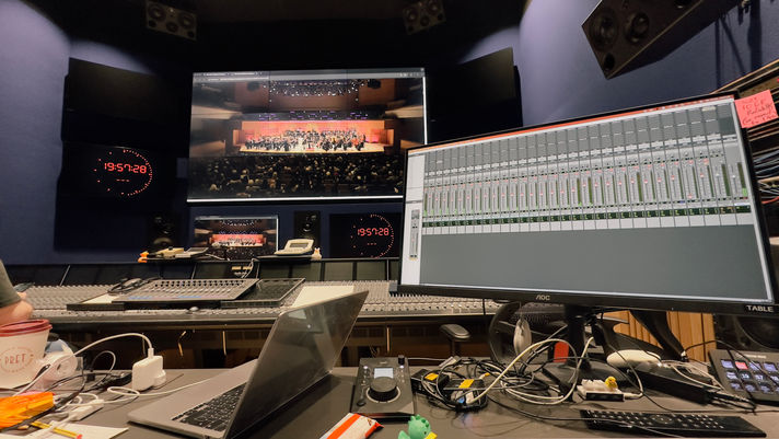 RSNO control room with orchestra on screen during concert