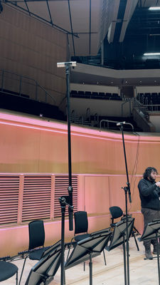 2x Neumann KM184 cardioid microphones capturing percussion