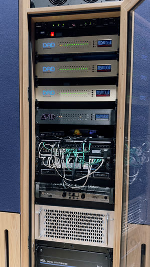 The RSNO rack setup featuring a high-spec Mac Pro (Cheesegrater), 3x DADman matrixes, 1x AVID maxtrix, Lexicon DFX & DANTE network patchbay.