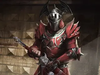 A Warrior wearing red armor of the Ebonheart Pack draws their sword, about to stand against an enemy.