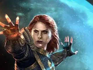 A mage hurls a fire bolt in front of her, looking sternly at her target, while creating a protective ward behind her