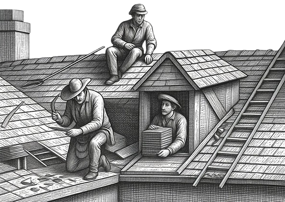 Gravure ancienne de Compagnons couvreurs à l'ouvrage sur un toit
