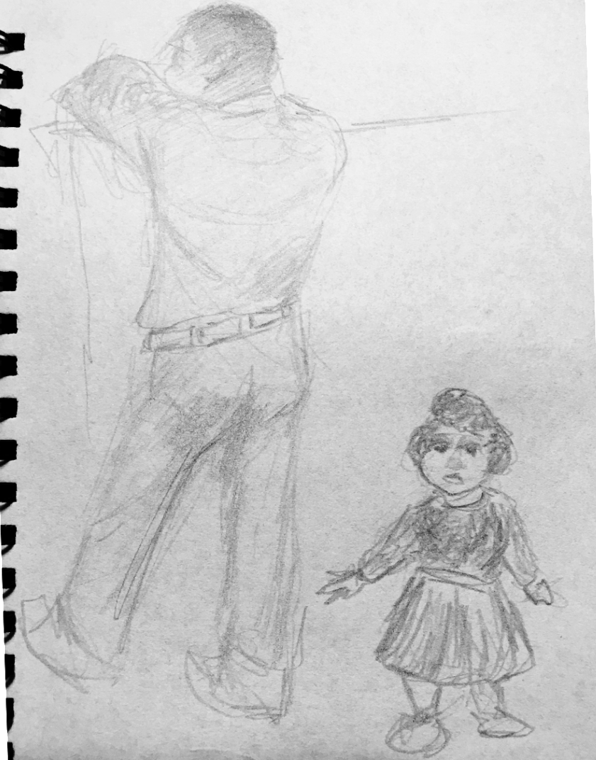 Guy leaning and watching unaware of toddler
