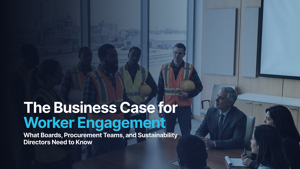 Two construction workers in high-visibility vests and hard hats meet with a corporate team in a boardroom, illustrating the business case for worker engagement with boards, procurement teams, and sustainability directors.
