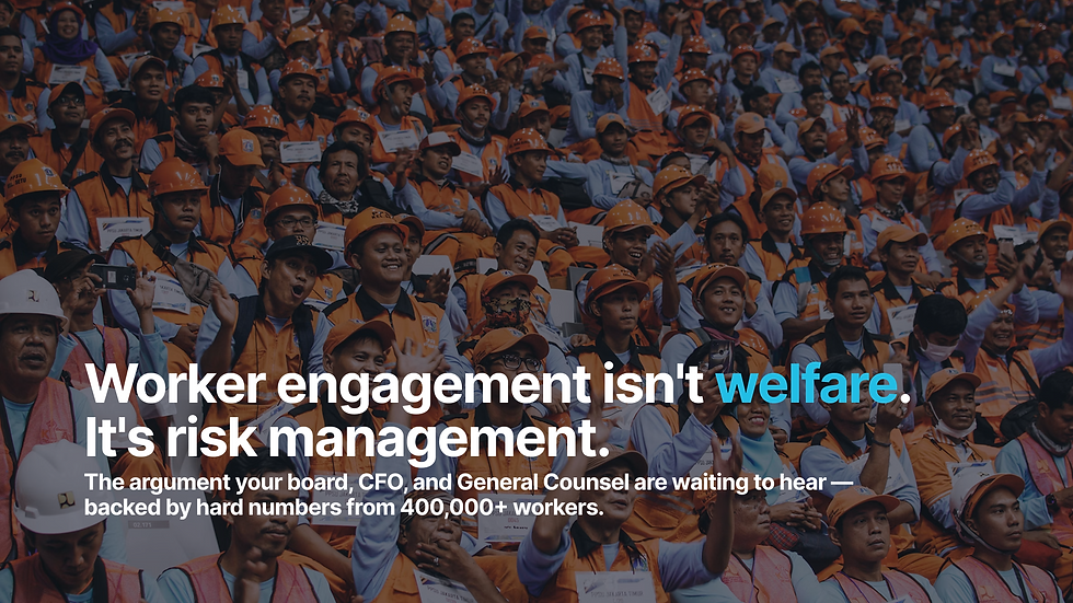 Crowd of orange-vested workers in hard hats applauding beneath text: Worker engagement isn't welfare. It's risk management.