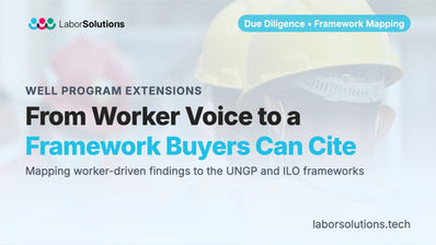 Labor Solutions graphic over a photo of workers in hard hats, titled "From Worker Voice to a Framework Buyers Can Cite," with the line "Mapping worker-driven findings to the UNGP and ILO frameworks"